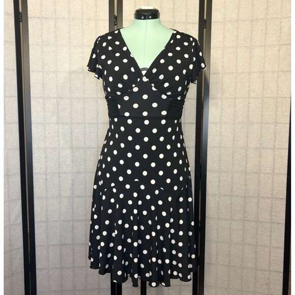 Vintage 90s Rockabilly Polka Dot Fit And Flare V Neck Summer Dress - Picture 1 of 12